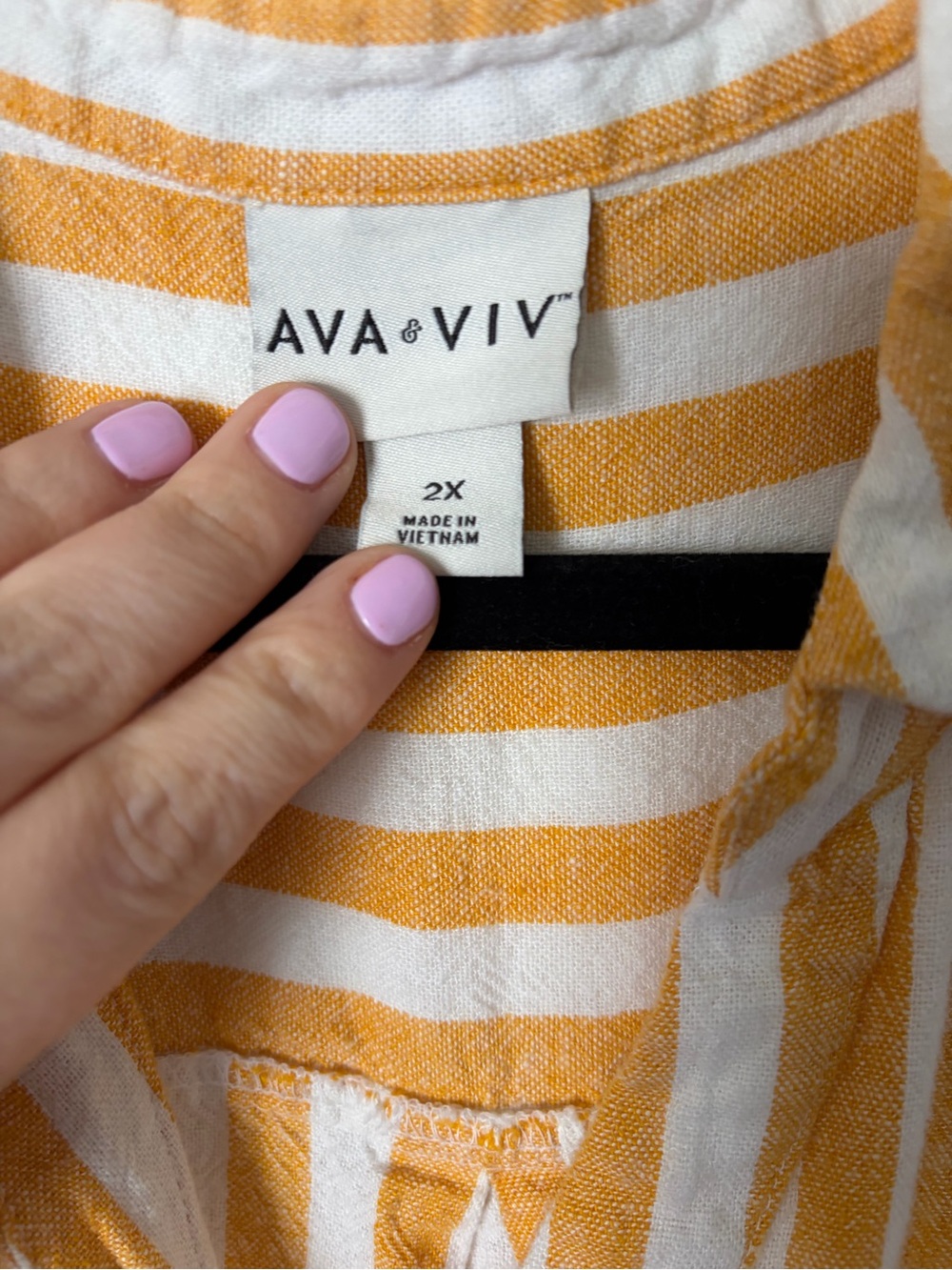 2X Linen Ava & Viv Yellow and White Striped Button-Up Shirt Dress - Picture 2 of 3